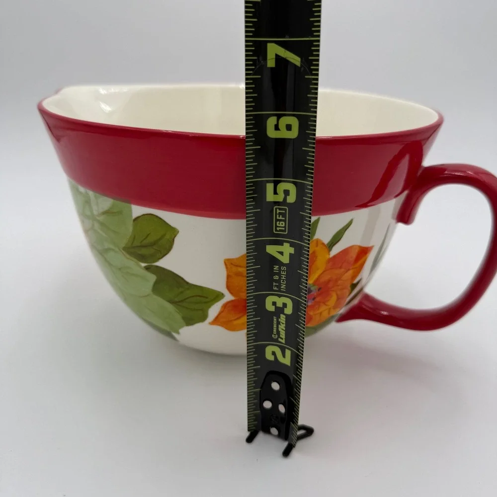 Pioneer Woman Poinsettia Stoneware Batter Bowl 2.83qt Red Floral w/ Spout Handle